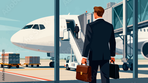 Business people travel by plane for business. Hand-drawn vector illustration