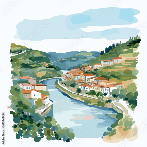 Douro Valley. Douro Valley watercolor vector illustration