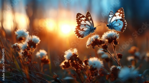 Two striking butterflies perched on soft wildflowers illuminated by a beautiful sunset, showcasing nature's delicate beauty and intricate details in a tranquil setting.