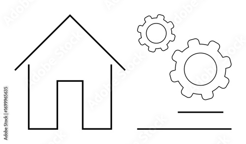 House outline next to two mechanical gears and horizontal lines representing innovation, process, and systematic solutions. Ideal for technology, real estate, home improvement, organization