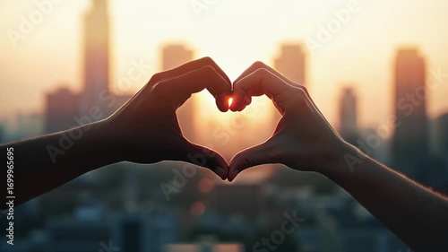 Silhouette of Hands Forming a Heart Shape With City Sunset in Background Urban Diversity