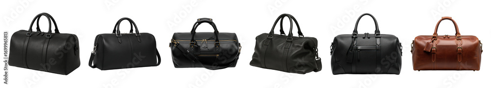 Fototapeta premium Leather duffel bag set including black and brown, various styles, pebbled and smooth textures isolated. Travel and fashion accessory collection.