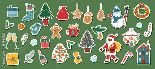 Set of Christmas objects isolated on green background. Christmas elements collection. Vector flat cliparts.