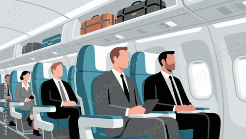 Business people travel by plane for business. Hand-drawn vector illustration