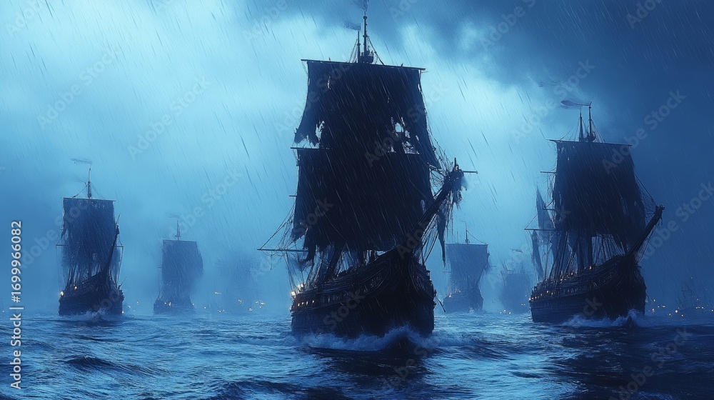 Fototapeta premium Historic ships navigate stormy waters under looming dark clouds, showcasing their strength