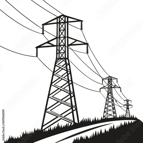 Steel frame electric pylon standing beside rural trees with power distribution lines, black vector silhouette artwork of utility infrastructure, electricity supply system, and industrial energy vector