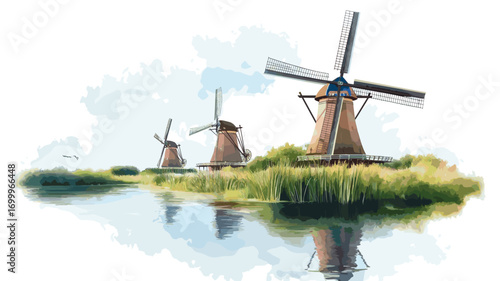 Windmills of Kinderdijk. Windmills of Kinderdijk watercolor vector illustration