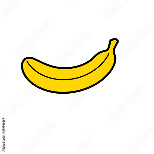 Yellow banana in 2D flat vector style, bold outline, perfect for breakfast menu designs, fruit stickers, smoothie packaging, and healthy food branding.