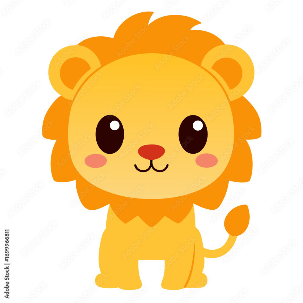 Obraz premium Cute Baby Lion Cartoon Vector in Kawaii Style with Big Eyes Smiling Isolated on White