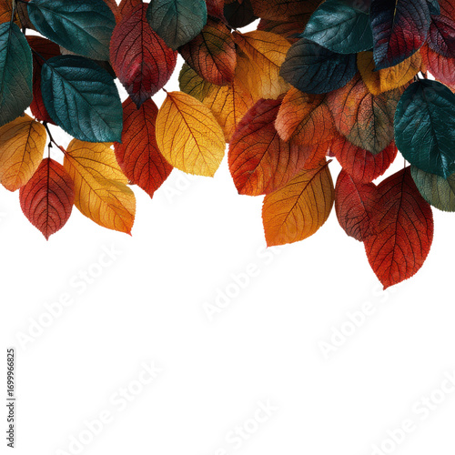 Brightly colored autumn leaves hang delicately, showcasing shades of red, orange, and yellow in a beautiful display