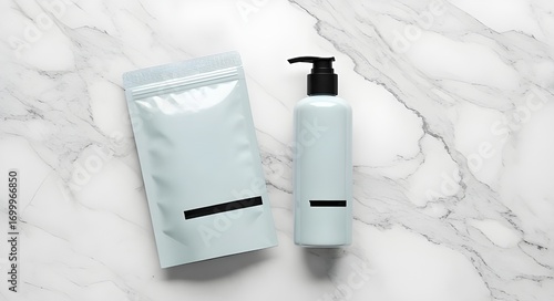Minimalist Shampoo and Refill Pouch Mockup on Marble Background
