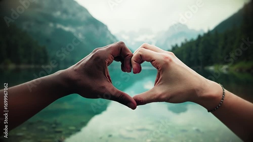 Close-up of two hands forming a heart shape, set against a serene snowy scene. Reflecting themes of love, unity, and the winter season, this image emphasizes connection and beauty in diversity.