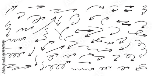 Set of simple hand drawn creative arrows Grunge style Black vector collection Isolated elements on white Brush strokes Vector graphic box Modern vector icons Direction navigation, button