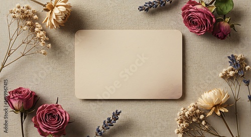 Dried Roses & Blank Notecard: Elegant Floral Flatlay