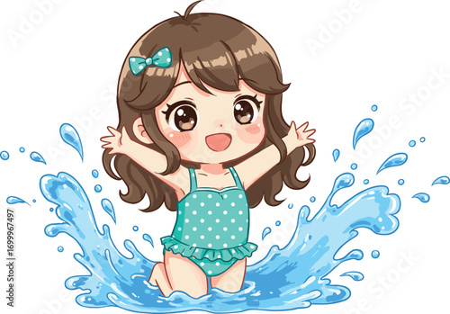 Cute cartoon girl splashing in water, happy child playing, summer fun activity, joyful kid in swimsuit, water playtime scene