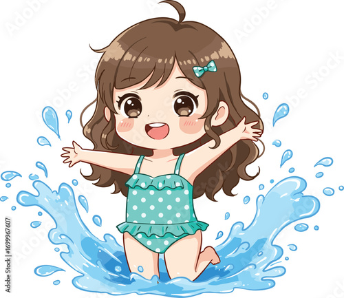 Cute cartoon girl splashing in water, happy child playing, summer fun activity, joyful kid in swimsuit, water playtime scene