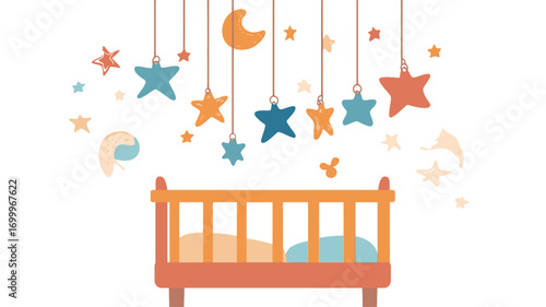 Digital illustration depicting a baby crib with a hanging mobile featuring stars, a crescent moon, and other small decorative elements. The crib is orange-toned