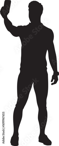 Selfie Silhouette Vector, Man Taking Photo on White Background.