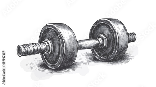 A detailed grayscale graphite drawing of a dumbbell resting on a slightly textured surface. The dumbbell is depicted realistically, showing the knurling on the handle and the weight plates. 