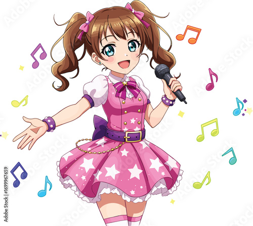 Cute anime girl singing on stage with microphone, pink idol dress, musical notes background, anime performance, kawaii character illustration