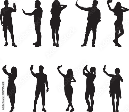 People Taking Selfies, Vector Silhouettes on White Background.