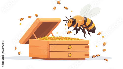 A digital illustration depicting a cartoon honeybee in flight near an open wooden box filled with golden honey.  Pollen grains are scattered around the bee and the box. The style is flat