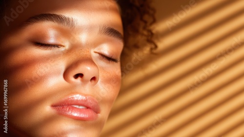 A close-up portrait of a person with freckled skin, illuminated by soft sunlight creating a dramatic shadow pattern across their face, evoking tranquility and introspection.