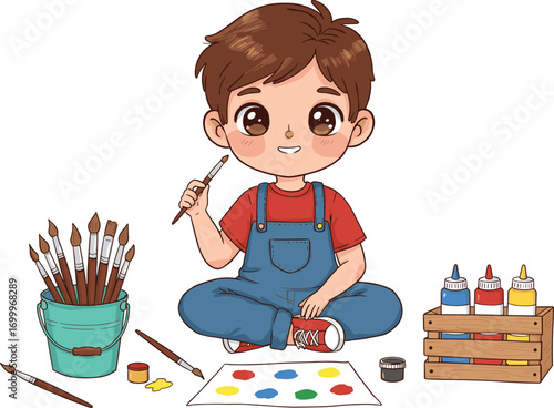Cute little boy painting with brush, sitting on floor, colorful art supplies, happy child artist, creative kids art concept