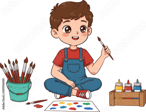 Cute little boy painting with brush, sitting on floor, colorful art supplies, happy child artist, creative kids art concept