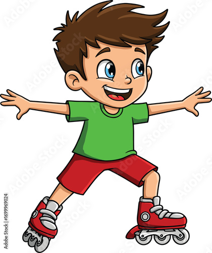 Smiling boy roller skating, cartoon child enjoying active outdoor play, kids sport illustration, fun childhood activity, health and fitness concept