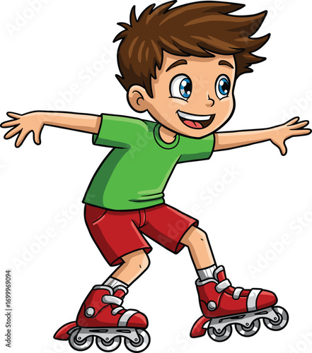 Smiling boy roller skating, cartoon child enjoying active outdoor play, kids sport illustration, fun childhood activity, health and fitness concept