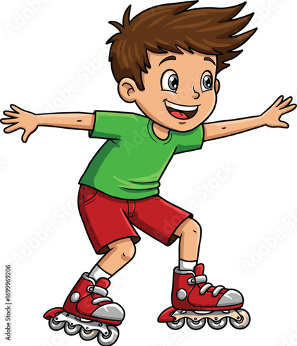 Smiling boy roller skating, cartoon child enjoying active outdoor play, kids sport illustration, fun childhood activity, health and fitness concept