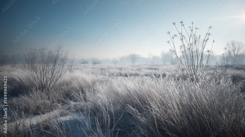 Fototapeta premium Frost covered landscape at dawn in a quiet winter meadow with fog and sunlight breaking through the trees