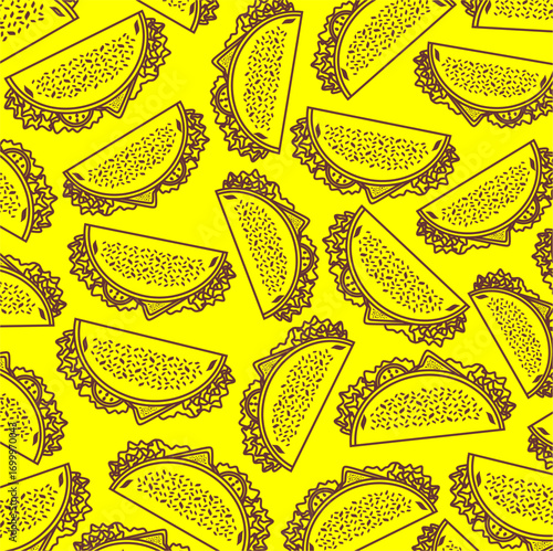Taco pattern. Seamless pattern of hand-drawn taco. Doodle taco pattern. Set of taco collection. Doodle taco icon. Hand drawn of taco pattern. Taco pattern background.