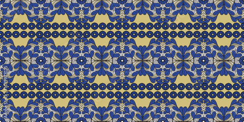 The bead is a strip alternating with a floral, African ethnic traditional blue color pattern.  fashion design in blue. blue flower motif. Floral Ankara prints, African geometric wax prints.
