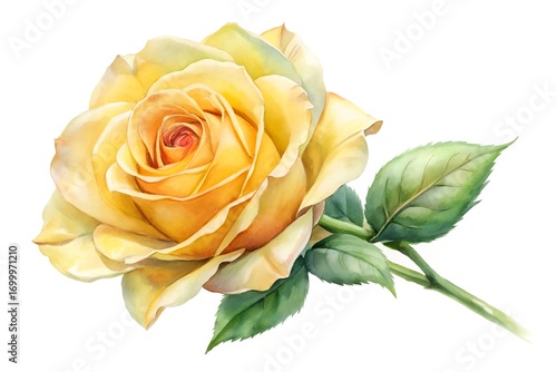 Watercolor Painting of a Single Yellow Rose with Green Leaves on White