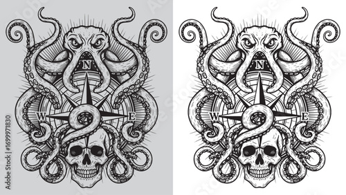Kraken Octopus with Compass and Skull