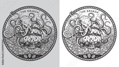 The Kraken Attacking a Ship in a Vintage Circle