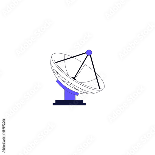 A stylized illustration of a satellite dish antenna with a blue mount and base, set against a white background.