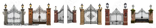 Ornamental gate set including wrought iron, brick, and stone pillars with illuminated lanterns isolated. Architectural elements and luxury entrance collection.