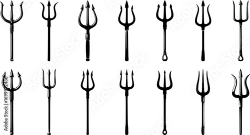 Trident silhouettes, Pitchfork silhouette, Trident Svg, Trident icon set