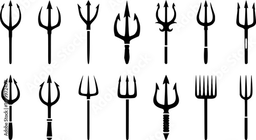 Trident silhouettes, Pitchfork silhouette, Trident Svg, Trident icon set