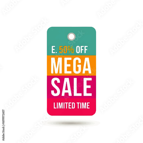 Vibrant promotional tag with a prominent fifty percent discount announcement and limited-time offer, perfect for boosting marketing campaigns and attracting shoppers