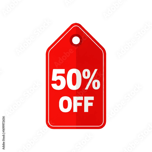 Fifty percent off sale tag, a red discount price label illustration for a special promotional offer. Isolated vector graphic icon for marketing and retail business