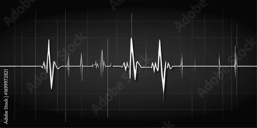 A medical cardiogram displays a healthy heartbeat on an EKG monitor, showing a green pulse wave and a steady line on the graph