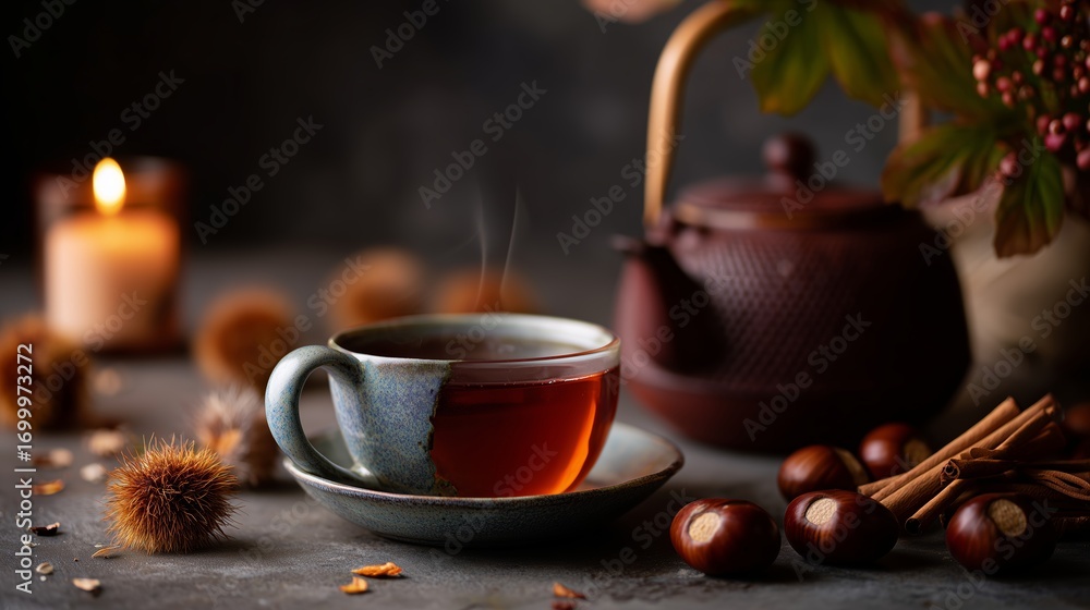 Fototapeta premium Enjoying a warm cup of herbal tea beside a flickering candle and decorative elements in a cozy setting