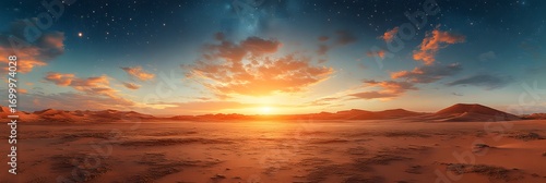 Panoramic view of desert dunes under a twilight sky with stars and colorful clouds during sunset