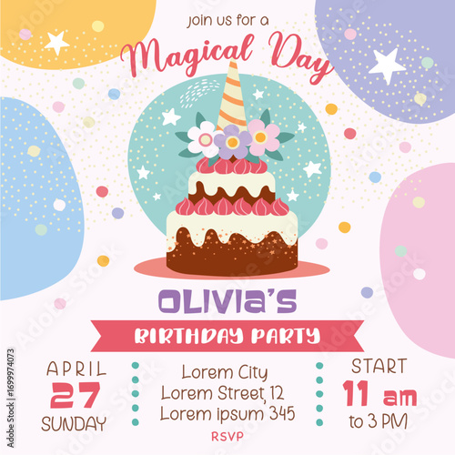 birthday invitation  square card with cake and confetti, decoration, greeting card, birth day party, template, creative vector illustration