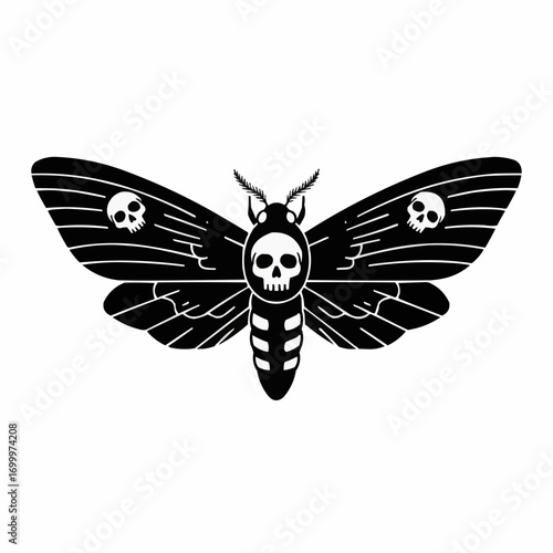 Skull-decorated moth in black silhouette design with wing patterns  