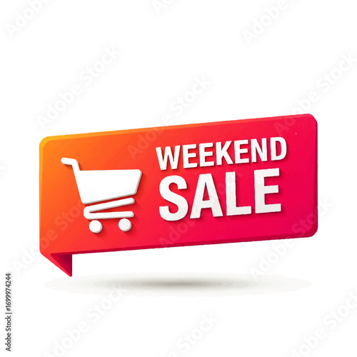 Weekend Sale Banner with Shopping Cart Icon on Red Speech Bubble